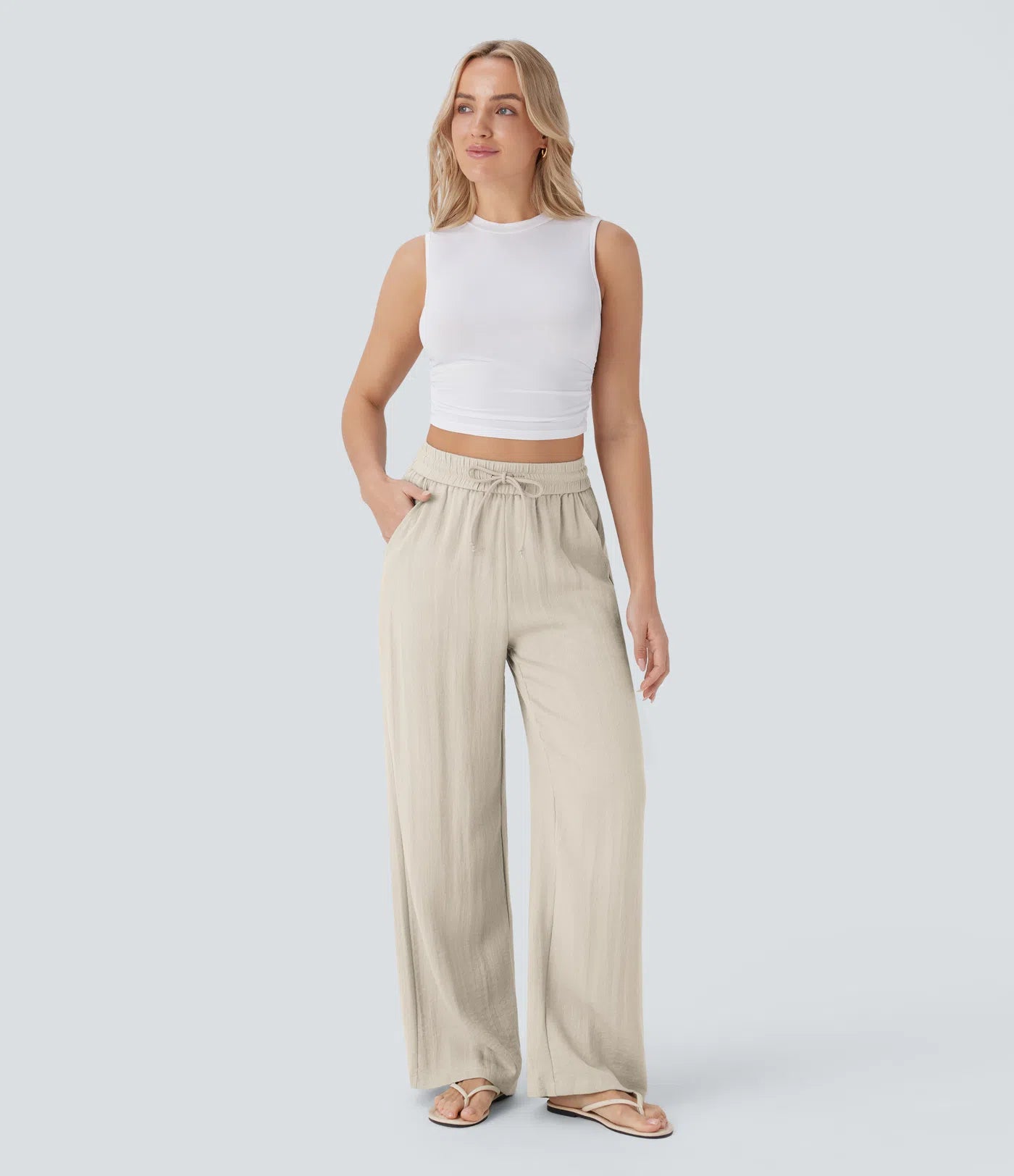 High Waist Wide Leg Linen Pants with Pockets